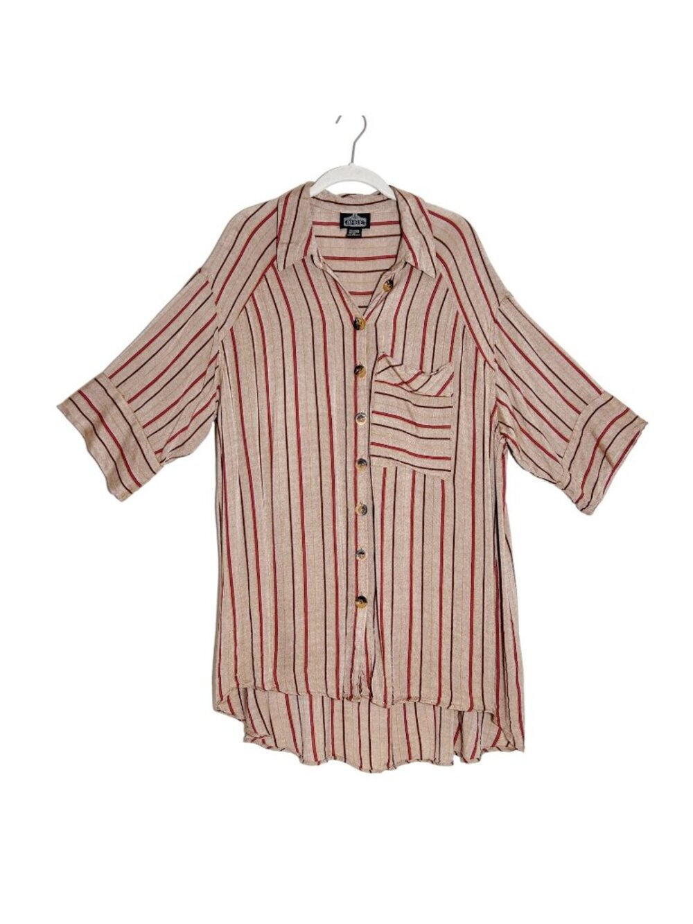 Angie 1/2 Sleeve Button Up Striped Oversize Hi-Low Tunic Shirt in Tan - Sz L